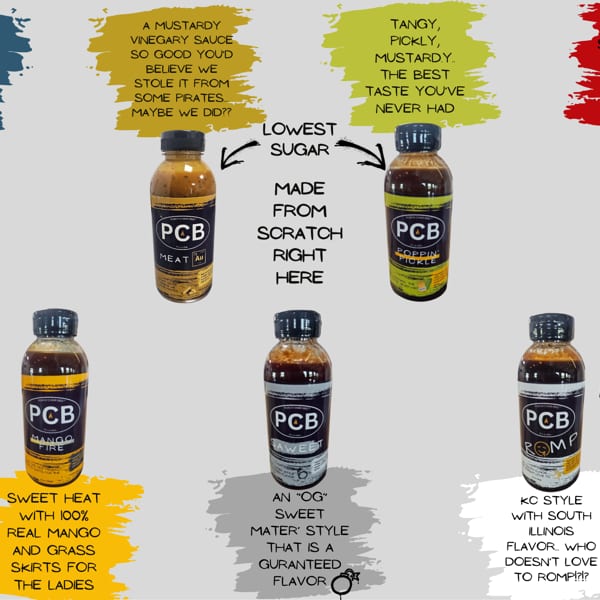 Six bottles of Porch Chair BBQ sauces with descriptions of each flavor and their ingredients.