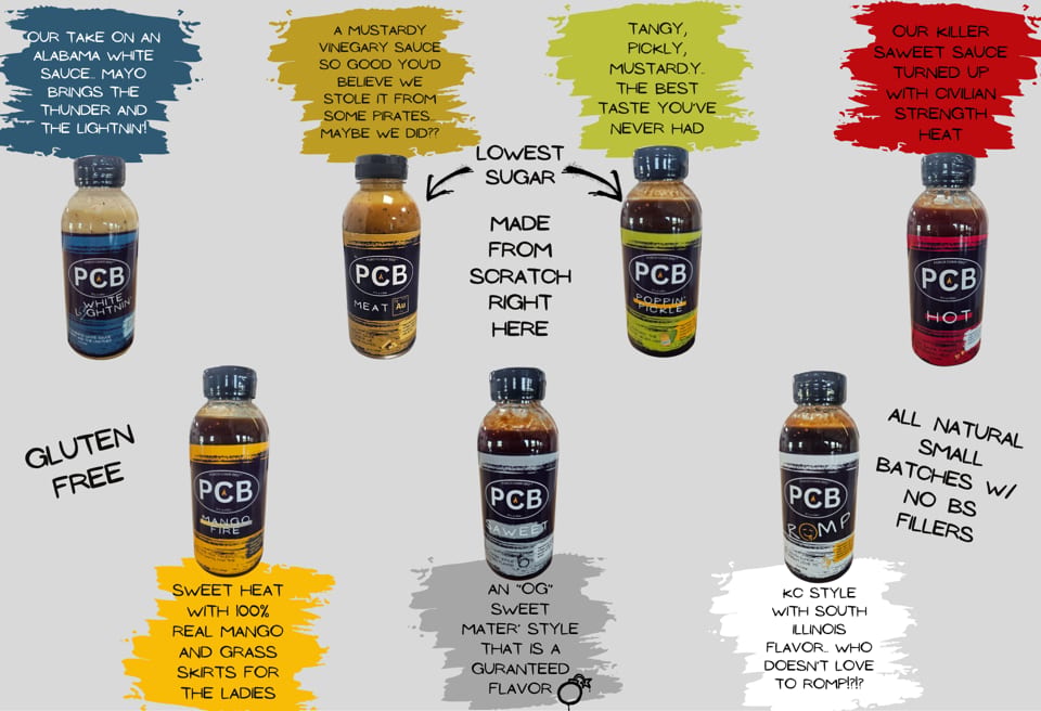 Six bottles of Porch Chair BBQ sauces with descriptions of each flavor and their ingredients.